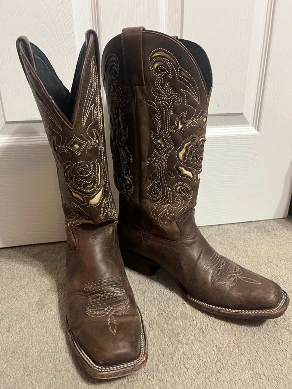 J.B. Dillon Brown Leather Embroidered Western Heeled Boots